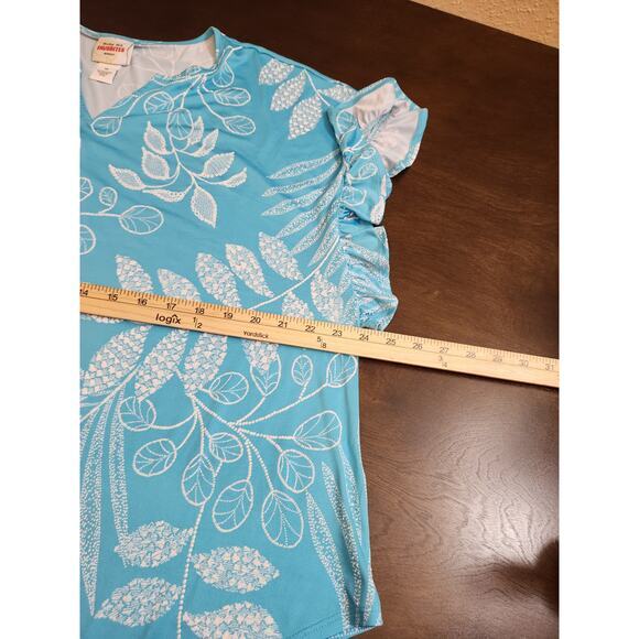 Ruby Rd. Favorites Women's Blue White Leaf Ruffle V-Neck Short Sleeve Blouse 1X - Picture 5 of 6